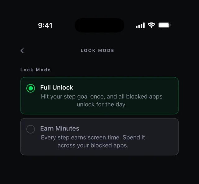 WalkGate Lock Mode setting with two options: Full Unlock, where hitting the step goal once unlocks all blocked apps for the day, and Earn Minutes, where every step earns screen time