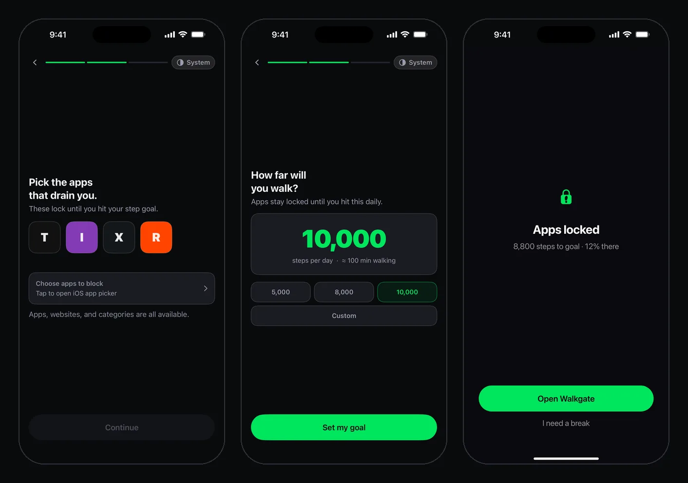 Three WalkGate screens: picking the apps to block, setting a 10,000 step daily goal, and the block screen that reads Apps locked, 8,800 steps to goal, 12% there